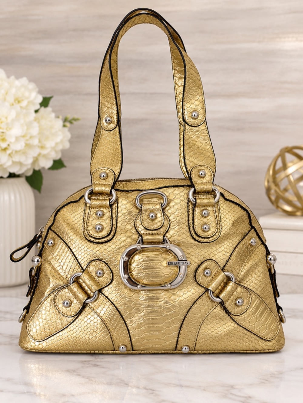 NWT GUESS SHIMMER VINTAGE Y2K LARGE DOME SATCHEL BAG TEXTURED LEATHER G GOLD